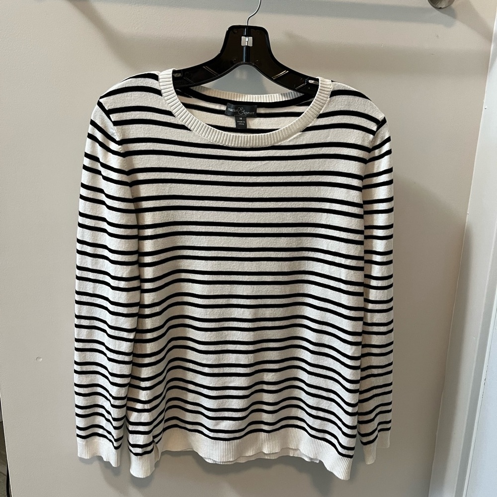 Market & Spruce striped black and white sweater with faux leather elbow patches.